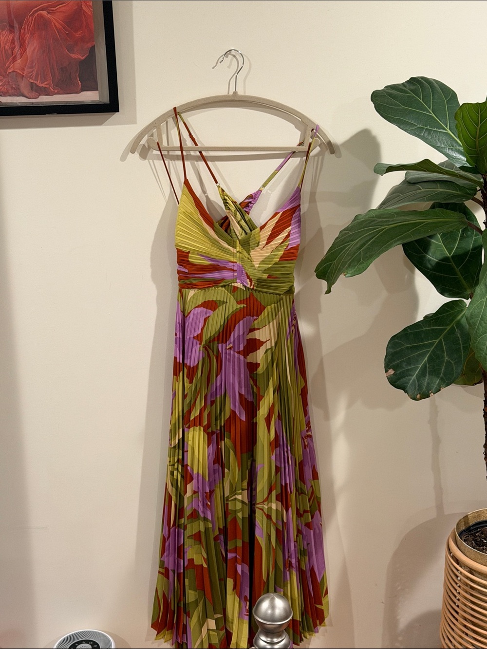 ASTR Blythe Floral Pleated Spaghetti-Strap Maxi Dress in Olive & Lilac